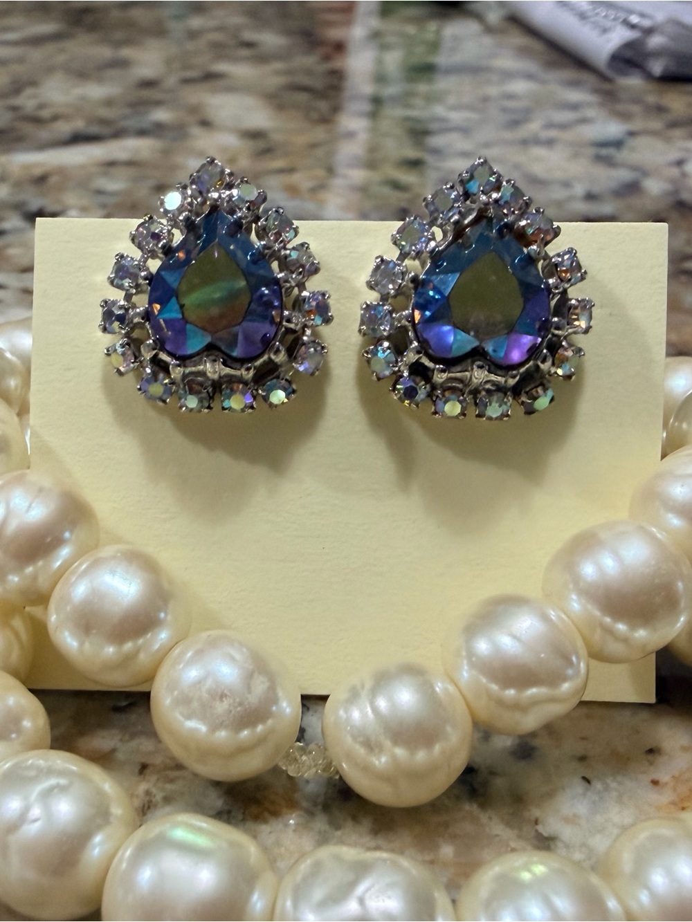 Vintage Coro Clip on Earrings Iridescent Heart Cut Rhinestone Studs Silvertone
